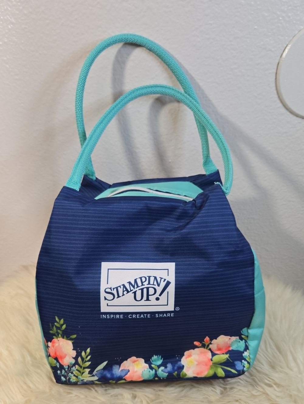 Stampin' Up! Floral Insulated Lunch Bag Blue Aqua Tote Demonstrator Exclusive
